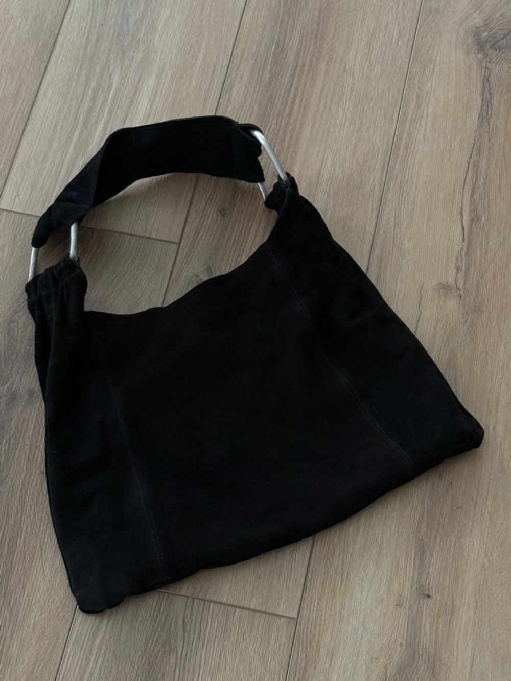 Black Genuine Suede Shoulder Bag with Metal Ring Accent